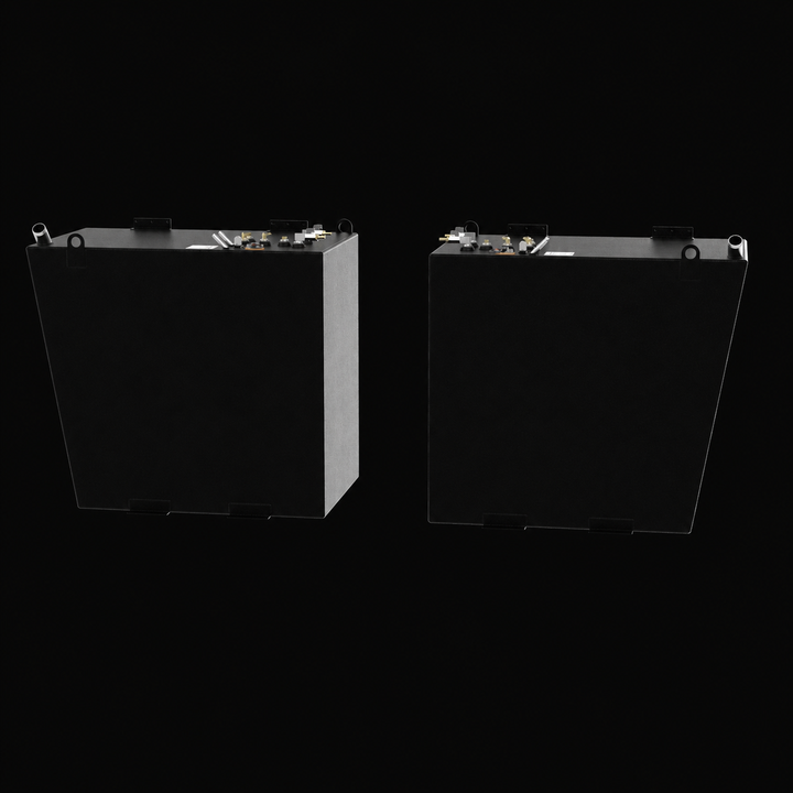 A full side-elevation profile view showcasing the symmetrical hull-conforming geometry of a pair of black Formula 45 Yacht Saddles diesel replacement marine fuel tanks. Placed side-by-side to represent a port and starboard configuration, this perspective illustrates the tapered side panel design engineered by Welding World to maximize volume while seating flush within opposing outboard bilge sections. Precision-fabricated from heavy-gauge marine-grade 5052-H32 aluminum, the twin 175-gallon saddle fuel cells