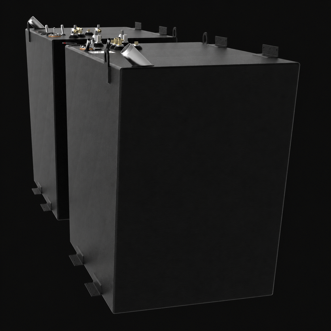 A perspective view showing a pair of black Formula 45 Yacht Saddles diesel replacement marine fuel tanks arranged side-by-side to illustrate a port and starboard configuration. These twin high-capacity 175-gallon saddle tanks showcase tall, structural cube-like profiles integrated with side-mounted lifting eyes and heavy-duty perimeter mounting brackets along the top and bottom edges, engineered by Welding World to secure the tanks within opposing engine compartments. Precision-fabricated from heavy-gauge m