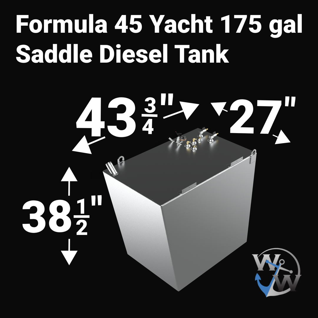 Dimensional technical diagram for a raw aluminum Formula 45 Yacht 175 gal Saddle Diesel Tank replacement. The graphic displays precise technical specifications with measurements of 43 3/4" length, 27" width, and 38 1/2" height, showcasing a tall, tapered cube-like structural saddle profile engineered by Welding World to fit securely within the port or starboard mechanical layout spaces. The top deck displays an unsealed variant layout featuring side-mounted lifting eyes and a specialized mechanical hardware