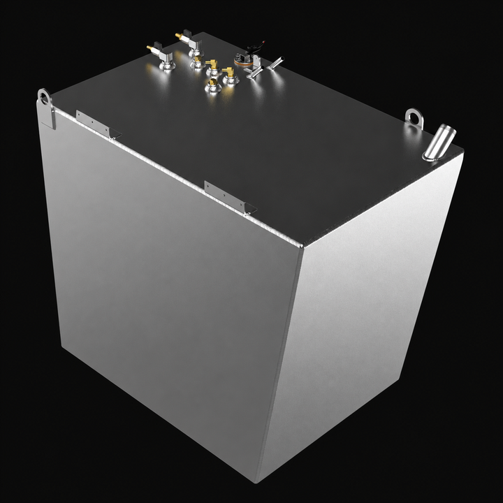 A high-angle isometric perspective view of a raw aluminum Formula 45 Yacht Saddles diesel replacement marine fuel tank. This unsealed, unpainted variant showcases the metallic silver finish of its high-capacity 175-gallon saddle structural profile, which features a tall, cube-like design integrated with corner-mounted lifting eyes and upper perimeter mounting tabs engineered by Welding World to secure the tank within the port or starboard engine compartments. Precision-fabricated from heavy-gauge marine-gra