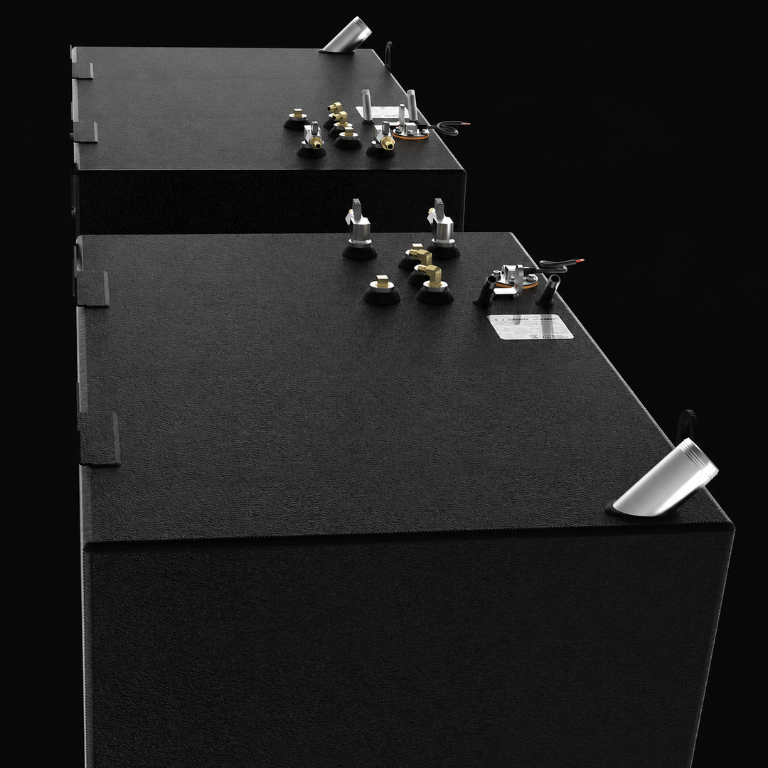 A high-angle longitudinal perspective view detailing the top deck mechanical hardware layouts of a pair of black Formula 45 Yacht Saddles diesel replacement marine fuel tanks. Arranged in tandem to mirror a port and starboard engine compartment configuration, these twin high-capacity 175-gallon saddle fuel cells feature flat rectangular decks precision-fabricated from heavy-gauge marine-grade 5052-H32 aluminum and fully encapsulated in an anti-corrosive, textured black TarGard epoxy coating. The deck config