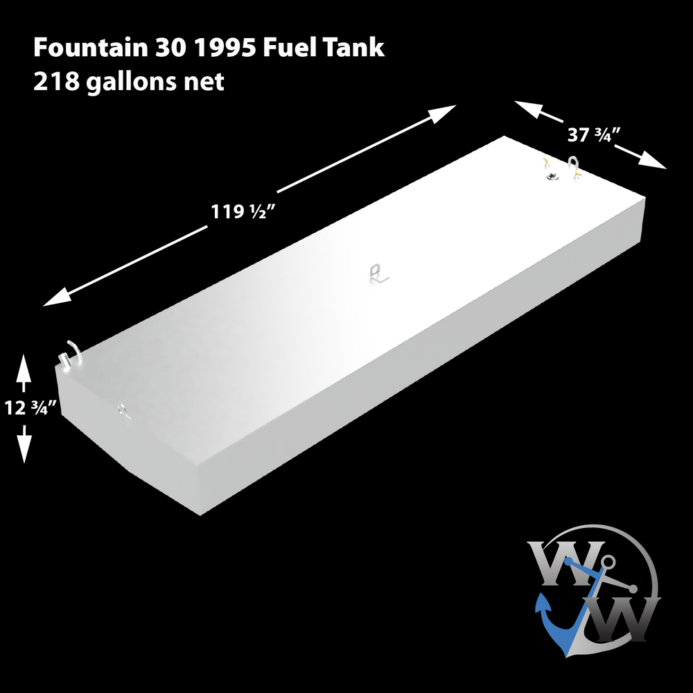 A 3D schematic of the replacement fuel tank for a 1995 Fountain 30, shown against a black background. Text on the image identifies the tank as having a 218-gallon net capacity. Dimension lines detail the long, rectangular tank's measurements as 119 ½ inches long, 37 ¾ inches wide, and 12 ¾ inches high. The silver-colored schematic displays several fittings along its top surface. The 'WW' anchor logo for Welding World is in the bottom right corner