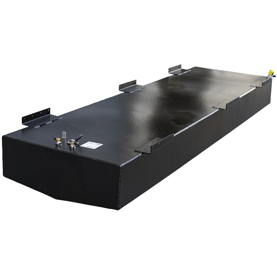 A long, rectangular boat fuel tank with a black coating, viewed from a high, three-quarter profile angle against a checkered background. Multiple L-shaped mounting tabs are welded along the top edges. The top surface features a fuel sending unit with a valve handle and a label at the near end, and a separate, smaller fitting with a yellow cap at the far end