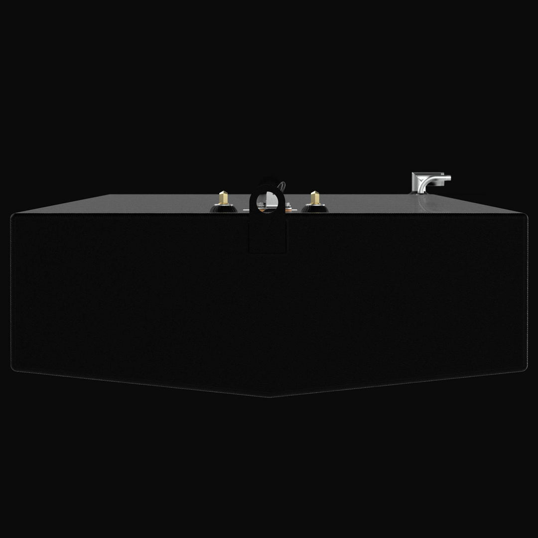 Side-profile view of the 213-gallon Fountain 30 (2001) fuel tank showcasing the uniform Coal Tar Epoxy coating. This angle highlights the 103-inch length and the strategic placement of the welded mounting tabs, ensuring the tank remains secure and perfectly aligned within the hull's stringer system.