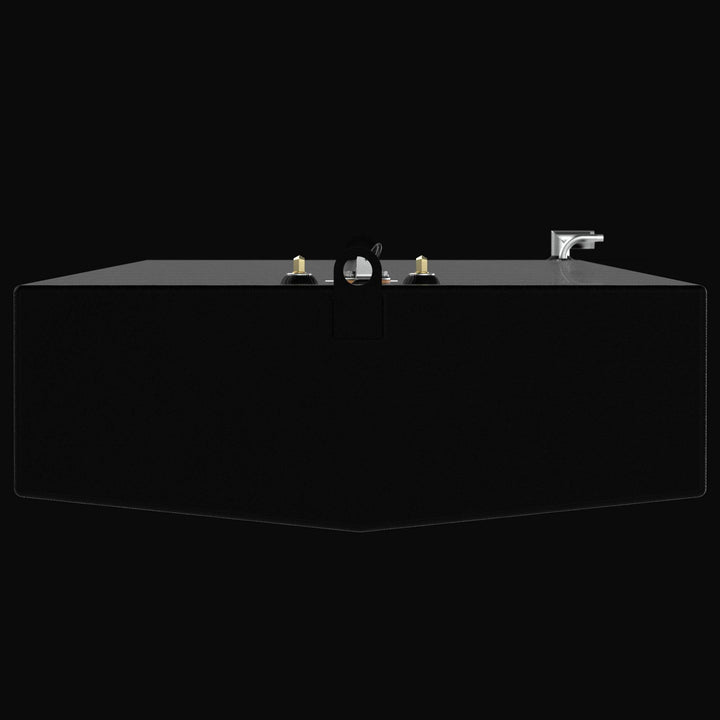 Side-profile view of the 213-gallon Fountain 30 (2001) fuel tank showcasing the uniform Coal Tar Epoxy coating. This angle highlights the 103-inch length and the strategic placement of the welded mounting tabs, ensuring the tank remains secure and perfectly aligned within the hull's stringer system.