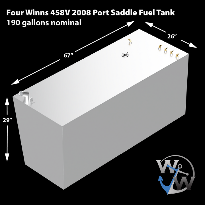 A 3D rendering of a rectangular, light-grey port saddle fuel tank for a Four Winns 458V 2008, with dimensions of 67 inches long, 26 inches wide, and 29 inches high. The tank has a nominal capacity of 190 gallons and features various fittings, including several brass-colored ones and a silver-colored tube, on its top surface
