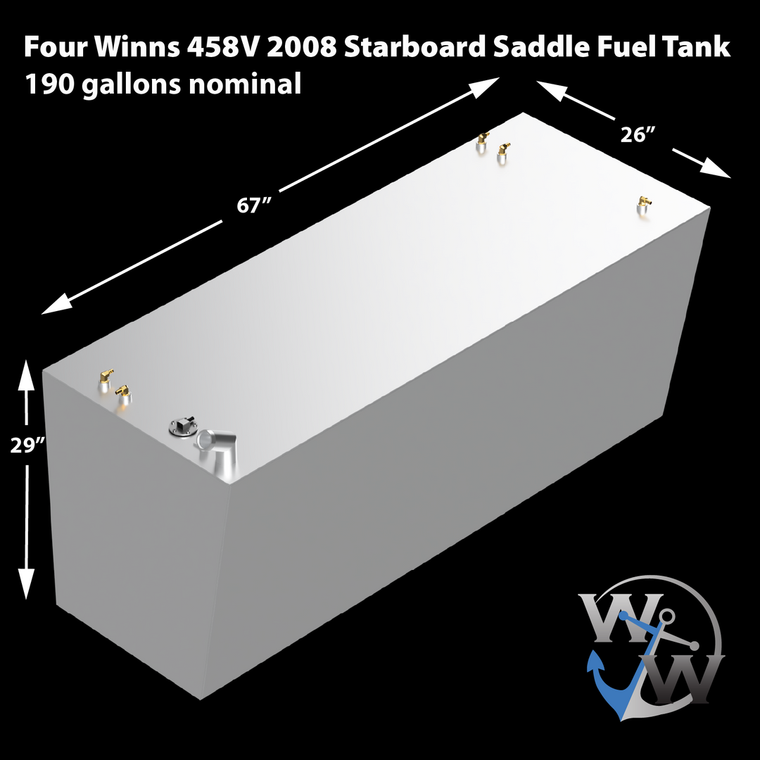A 3D rendering of a rectangular, light-grey starboard saddle fuel tank for a Four Winns 458V 2008, with dimensions of 67 inches long, 26 inches wide, and 29 inches high. The tank has a nominal capacity of 190 gallons and features various fittings, including several brass-colored ones and a silver-colored tube, on its top surface