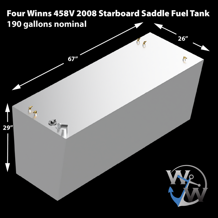 A 3D rendering of a rectangular, light-grey starboard saddle fuel tank for a Four Winns 458V 2008, with dimensions of 67 inches long, 26 inches wide, and 29 inches high. The tank has a nominal capacity of 190 gallons and features various fittings, including several brass-colored ones and a silver-colored tube, on its top surface