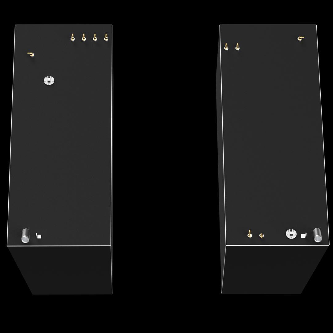 Two dark gray, rectangular fuel tanks are shown vertically against a black background, separated by a dark space. Both tanks have thin white outlines along their edges and feature several small brass-colored and silver-colored fittings on their top surfaces