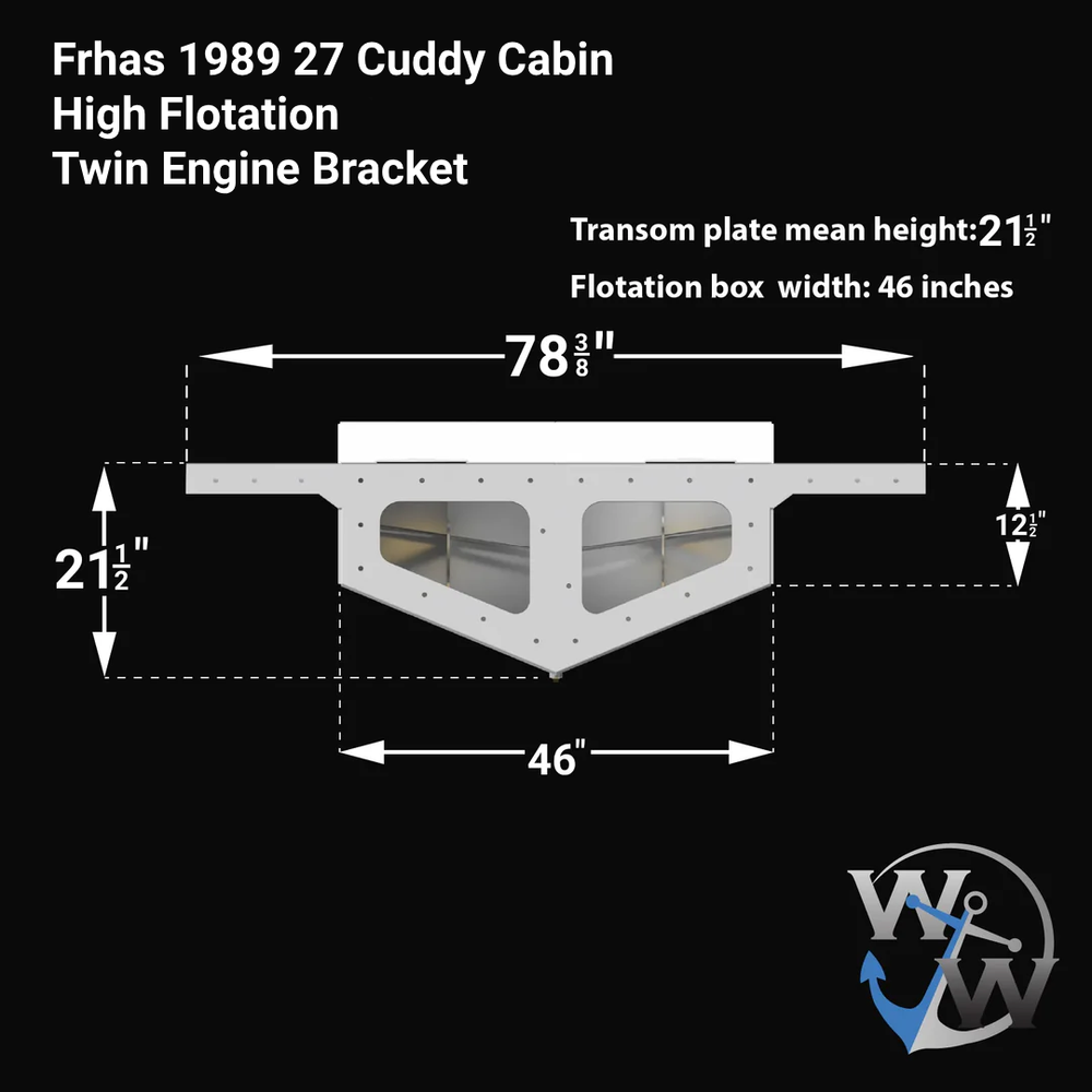 Diagram of a Frhas 1989 27 Cuddy Cabin High Flotation Twin Engine Bracket, featuring dimensions: transom plate mean height of 21.5 inches, flotation box width of 46 inches, and overall length of 78.5 inches