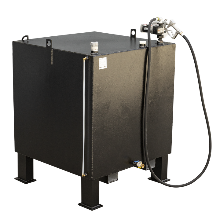 A black, square Fuel Stack v.1 - 475 gal. Forkliftable Fuel Tank with a fuel dispenser and hose attached, resting on four sturdy legs