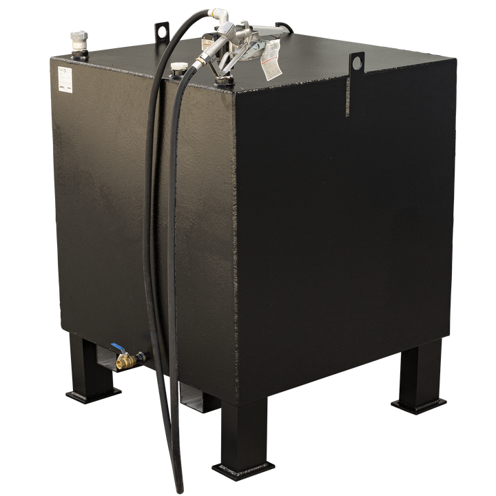 A black, rectangular fuel tank with a textured finish, standing on four black, square legs. A fuel dispenser with a hose is attached to the top surface, and a small brass valve is visible near the bottom on one side