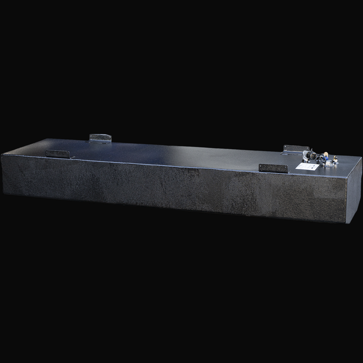 Isolated photo of a black OEM replacement fuel tank for a 2000 Grady-White 204 Fisherman boat, featuring a textured corrosion-resistant coating, top-mounted fuel fittings, a sender unit, vent, fill neck, and welded mounting tabs on a transparent background