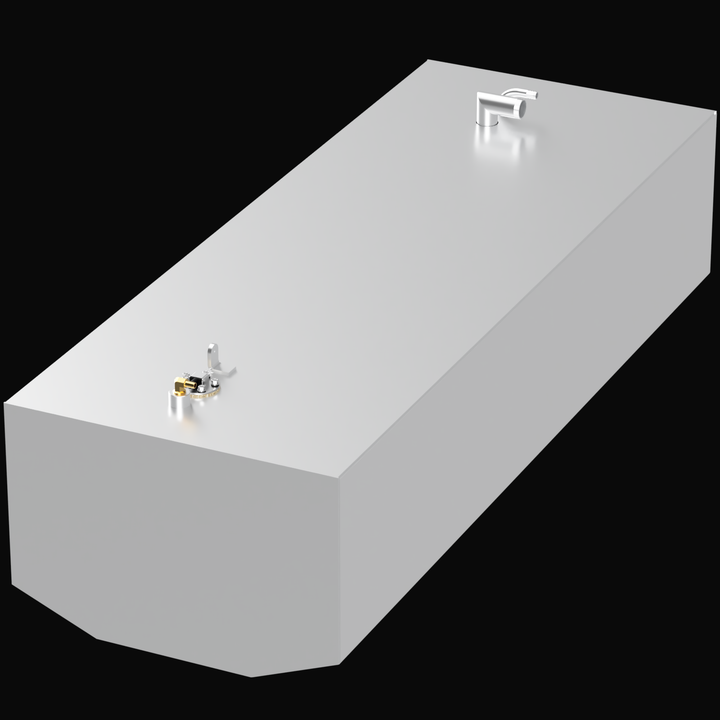 A 3D render of a Grady White 232 91-gallon Built to OEM Specs fuel tank, showing an angled view of the long, light grey tank and its fittings against a black background.