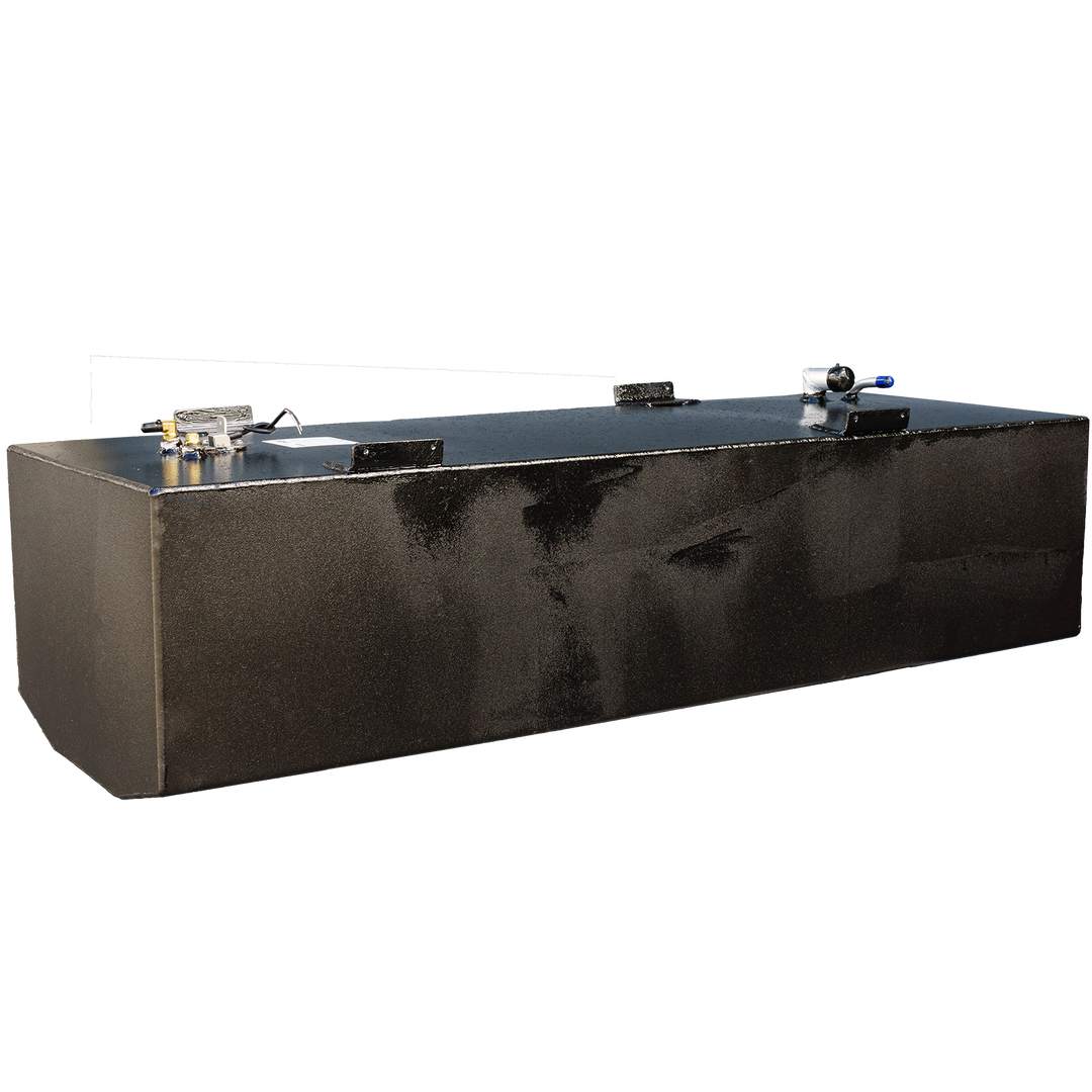 A long, black, rectangular fuel tank with a rounded corner, mounting brackets, and various fittings on its textured top surface, against a checkered background