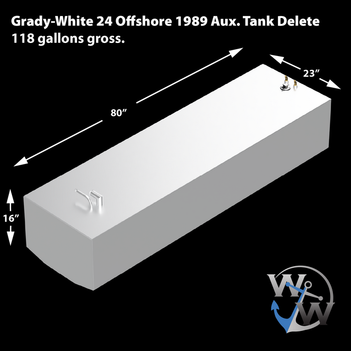 118-gallon custom aluminum fuel tank designed for 1989 Grady-White 24' Offshore, replacing dual-tank layout with a single enlarged unit. Dimensions: 80″ length × 23″ width × 16″ height. Labeled as “Aux. Tank Delete” configuration to consolidate fuel volume in a streamlined belly tank profile. Topside features dual threaded ports positioned for balanced system integration and deck access. Graphic includes branding and capacity data for schematic referencing