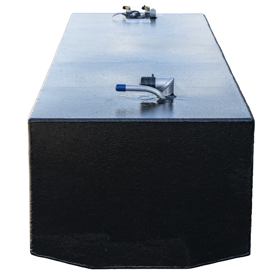 Isolated product rendering of custom 118-gallon aluminum belly fuel tank for 1989 Grady-White 24' Offshore. Features matte black finish with prominent top-mounted hardware: blue-handled shutoff valve at front, multi-port rear valve cluster, and visible compliance label at side. Clean edges and uniform coating indicate install-readiness and structural integrity, while transparent background supports catalog or schematic integration