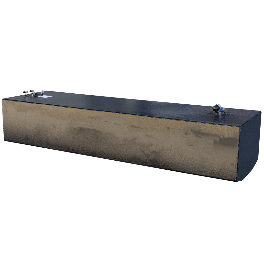 Topside layout of 118-gallon aluminum fuel tank designed for 1989 Grady-White 24' Offshore. Features black powder-coated finish with accessible valve configuration: front-positioned blue-handled shutoff valve, rear-mounted brass return fittings, and central capped port for inspection or auxiliary connection. Clean mounting surface and label-ready finish confirm system readiness for installation, fuel line integration, and regulatory documentation
