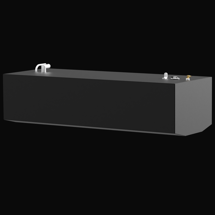 3D model of a large black rectangular boat saddle fuel tank viewed from a right-side angle against a black background. The tank has three fittings on the top: a silver angled pipe on the left and two smaller fittings with one mounted on a circular plate near the right edge