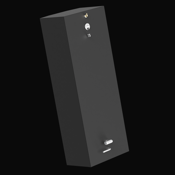 3D model of a tall, rectangular black boat fuel tank viewed from a tilted front-left angle against a black background. The front surface has three fittings near the top and two angled silver pipes near the bottom