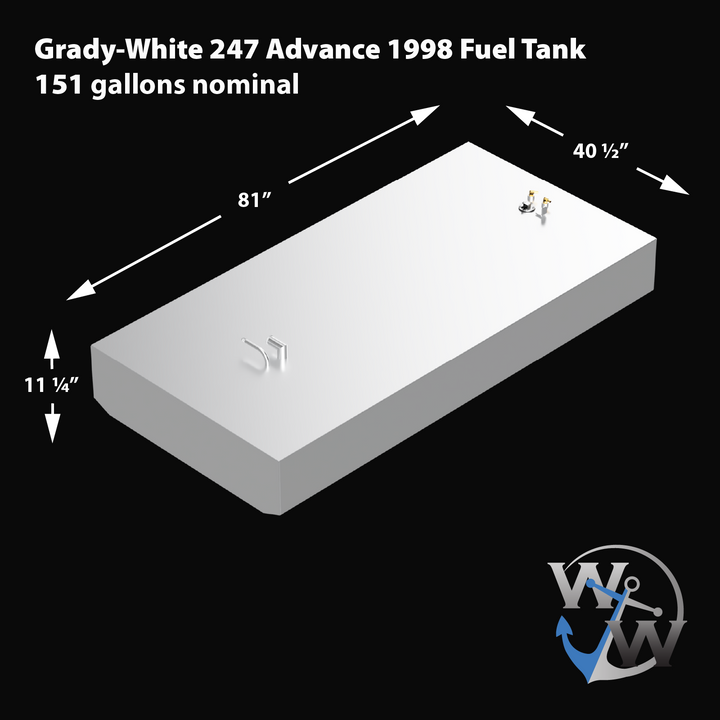 Grady-White 247 Advance 1998 Fuel Tank, nominal capacity 151 gallons. Dimensions: 81 inches long, 40.5 inches wide, and 11.25 inches high. The tank is rectangular with fittings visible on the top surface, rendered in a clean white finish with the company logo in the corner