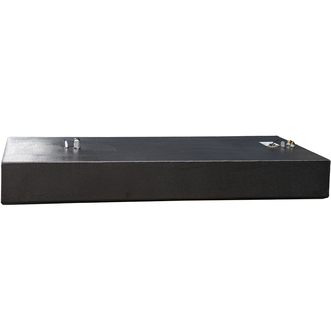Front view of a black rectangular fuel tank with a textured surface. The tank has two fittings on the top, including a black and white valve with a blue cap, and an attached label with specifications. The tank is isolated on a transparent background