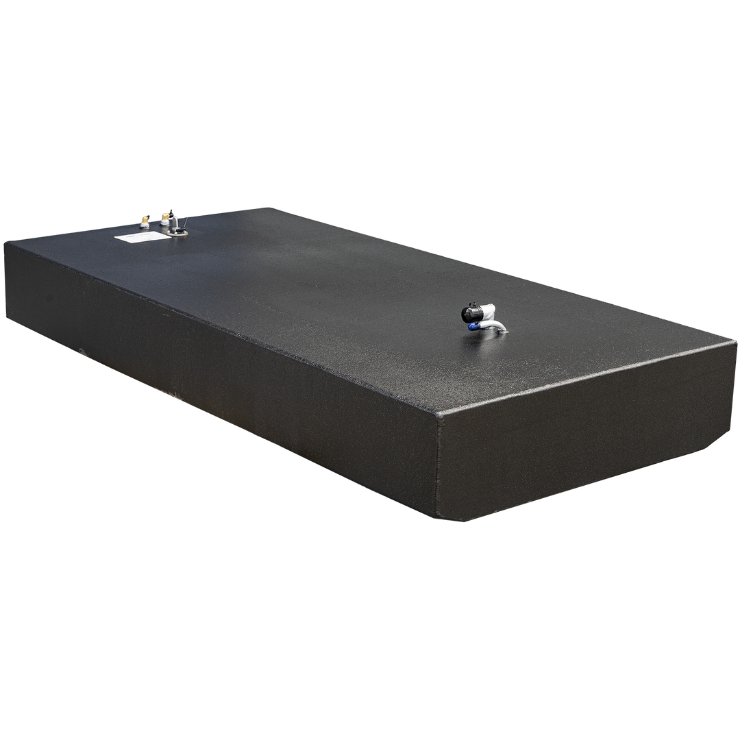 Isolated black rectangular fuel tank with a textured surface, featuring two fittings on the top — a black and white valve with a blue cap, and another smaller fitting near a white label. The tank is shown on a transparent background