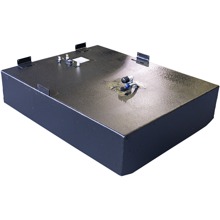 Edgewater 265 CC 2005 OEM Replacement Fuel Tank, nominal capacity 203 gallons. Black rectangular metal fuel tank with fittings and mounting brackets on top. Image shows the tank on a transparent background