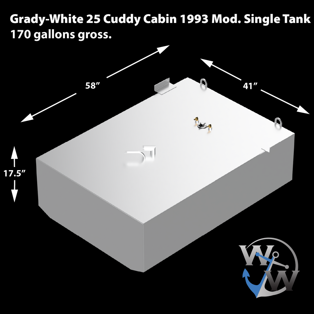 Custom replacement fuel tank for 1993 Grady-White 25' Cuddy Cabin, eliminating auxiliary tank to consolidate into a single 170-gallon unit. Measures 58″ (L) × 41″ (W) × 17.5″ (H), precisely dimensioned for hull cavity fitment. Top-mounted fittings include sender port, vent-return connections, and inspection access—all positioned to match OEM deck routing. Designed and fabricated by WJW, the tank maximizes onboard fuel volume while retaining structural compatibility with original mounting layout