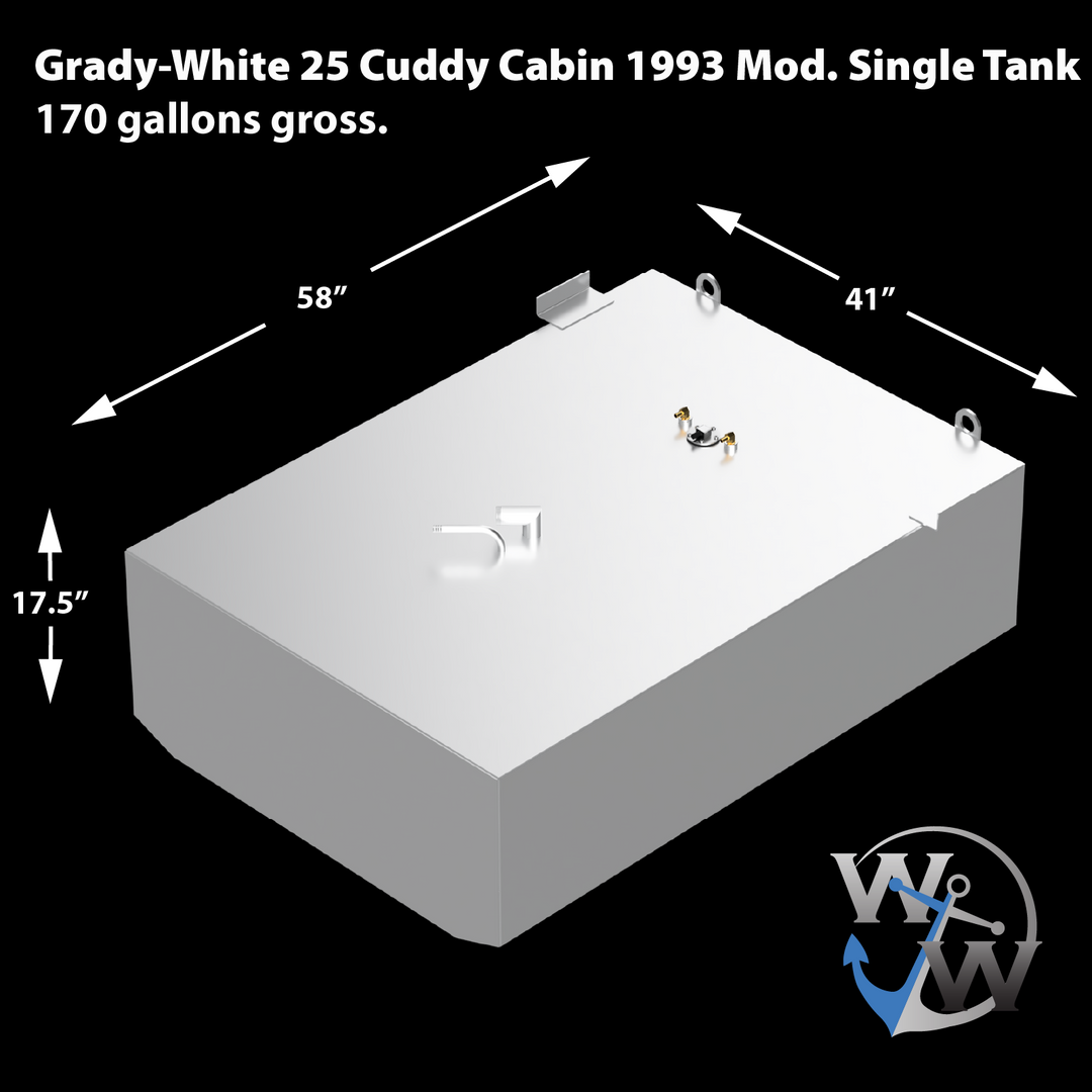 Custom replacement fuel tank for 1993 Grady-White 25' Cuddy Cabin, eliminating auxiliary tank to consolidate into a single 170-gallon unit. Measures 58″ (L) × 41″ (W) × 17.5″ (H), precisely dimensioned for hull cavity fitment. Top-mounted fittings include sender port, vent-return connections, and inspection access—all positioned to match OEM deck routing. Designed and fabricated by WJW, the tank maximizes onboard fuel volume while retaining structural compatibility with original mounting layout