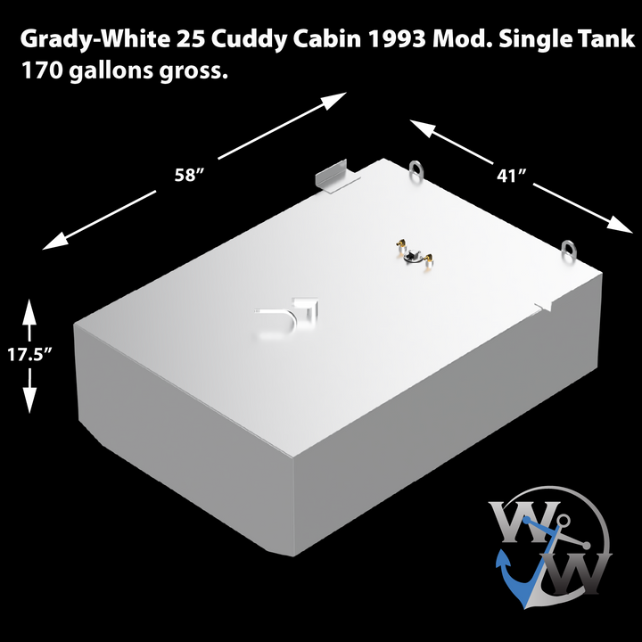 Custom replacement fuel tank for 1993 Grady-White 25' Cuddy Cabin, eliminating auxiliary tank to consolidate into a single 170-gallon unit. Measures 58″ (L) × 41″ (W) × 17.5″ (H), precisely dimensioned for hull cavity fitment. Top-mounted fittings include sender port, vent-return connections, and inspection access—all positioned to match OEM deck routing. Designed and fabricated by WJW, the tank maximizes onboard fuel volume while retaining structural compatibility with original mounting layout