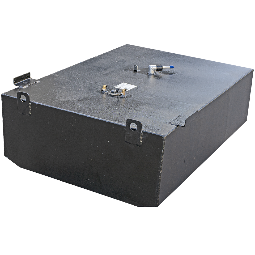 Final configuration for 170-gallon modified aluminum fuel tank designed for 1993 Grady-White 25' Cuddy Cabin. Matte black finish with welded corner brackets ensures secure hull mounting. Top-mounted components include a blue-handled shutoff valve, multi-port brass fitting, and capped access unit. Components are arranged to preserve OEM hose routing paths and service access clearances. Affixed tag supports compliance verification and serial traceability