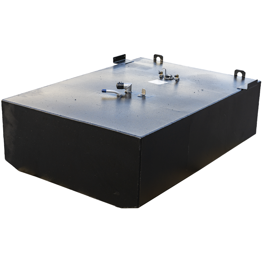 Final configuration for 170-gallon modified aluminum fuel tank designed for 1993 Grady-White 25' Cuddy Cabin. Matte black finish with welded corner brackets ensures secure hull mounting. Top-mounted components include a blue-handled shutoff valve, multi-port brass fitting, and capped access unit. Components are arranged to preserve OEM hose routing paths and service access clearances. Affixed tag supports compliance verification and serial traceability