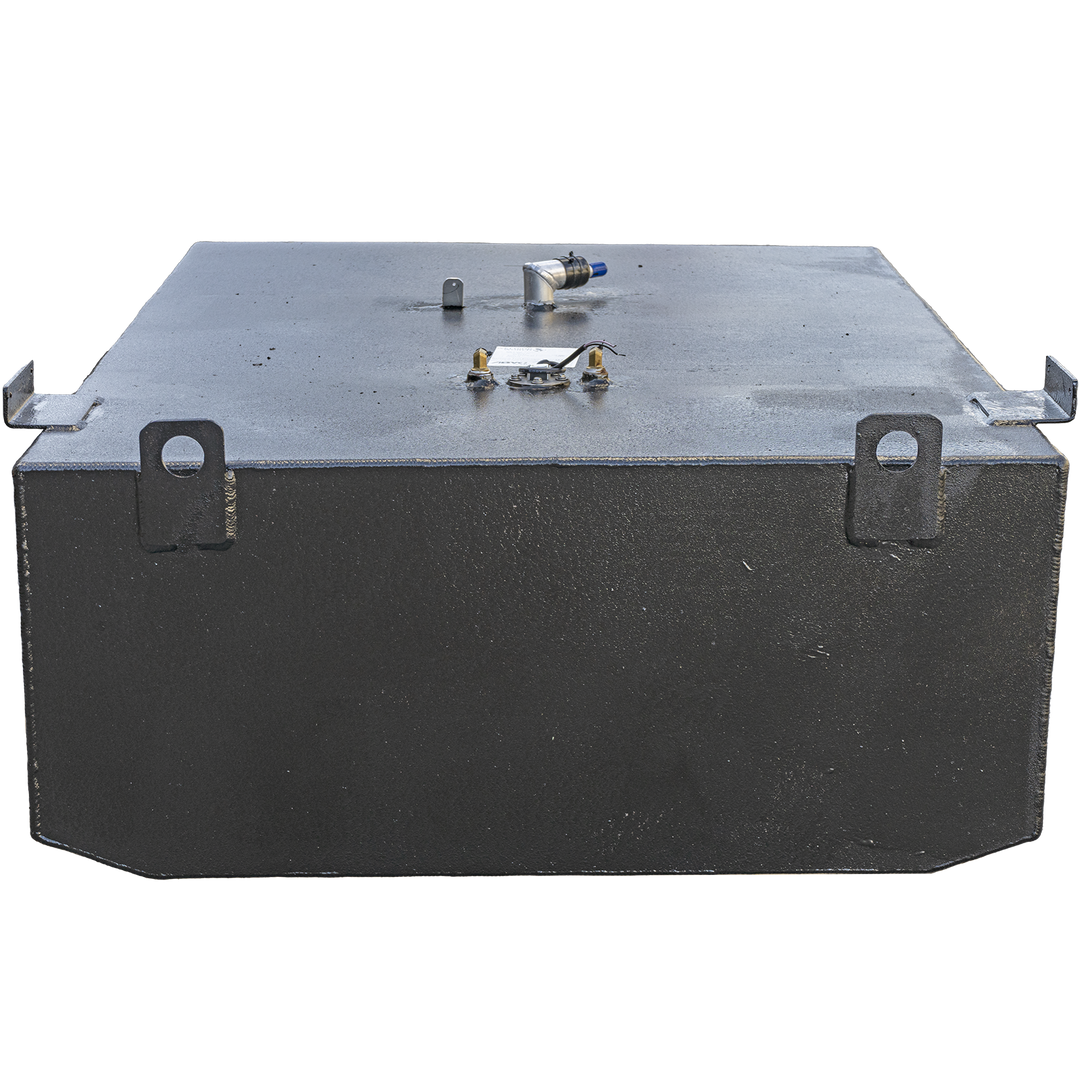 Finalized 170-gallon aluminum replacement fuel tank for 1993 Grady-White 25' Cuddy Cabin. Black powder-coated finish with four corner-mount L-brackets ensures stable hull integration. Top-mounted configuration includes capped vent or fill port, threaded brass return fitting, and blue-handled shutoff valve—all aligned for deck access and standard hose routing. Tank exterior clean and label-ready, confirming readiness for QA documentation and install prep