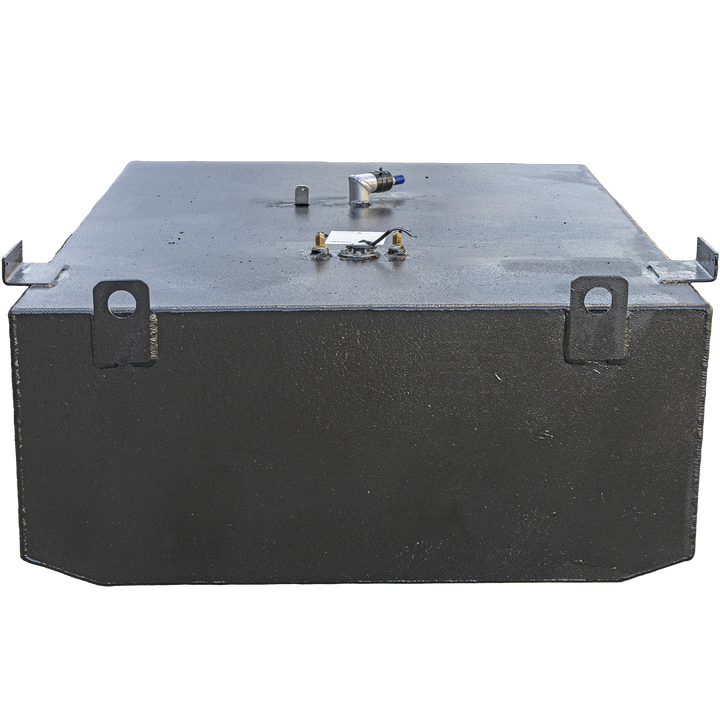 Finalized 170-gallon aluminum replacement fuel tank for 1993 Grady-White 25' Cuddy Cabin. Black powder-coated finish with four corner-mount L-brackets ensures stable hull integration. Top-mounted configuration includes capped vent or fill port, threaded brass return fitting, and blue-handled shutoff valve—all aligned for deck access and standard hose routing. Tank exterior clean and label-ready, confirming readiness for QA documentation and install prep