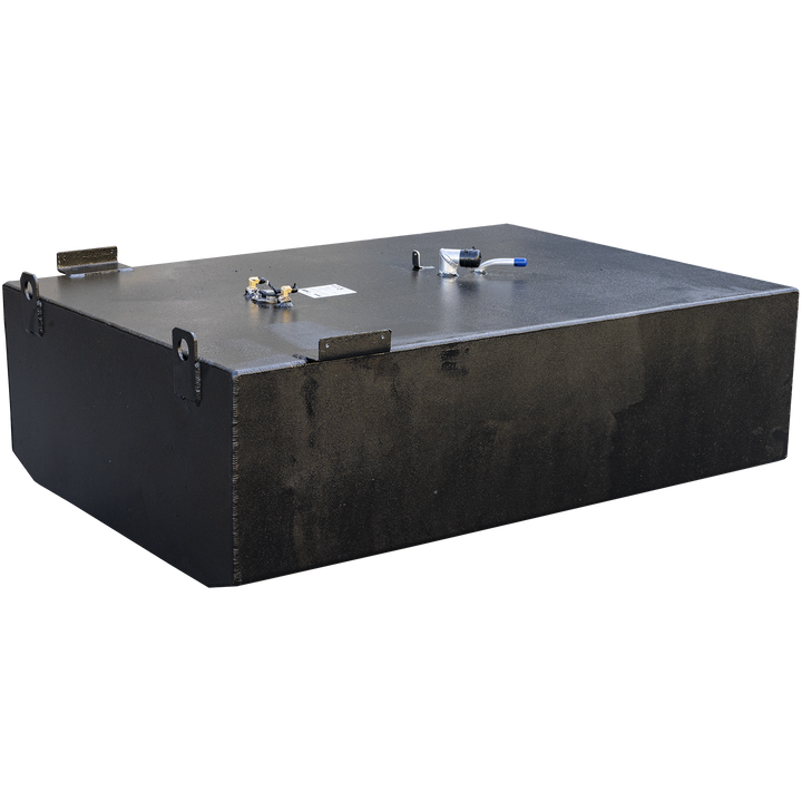 Custom 170-gallon aluminum belly fuel tank engineered for the 1993 Grady-White 25' Cuddy Cabin. Designed to eliminate the auxiliary tank while maximizing capacity within the existing hull cavity. Tank features black powder-coated finish, top-mounted sender unit, threaded vent and return fittings, and affixed compliance label. Structural geometry and mounting setup ensure seamless integration with OEM fuel routing and deck access constraints