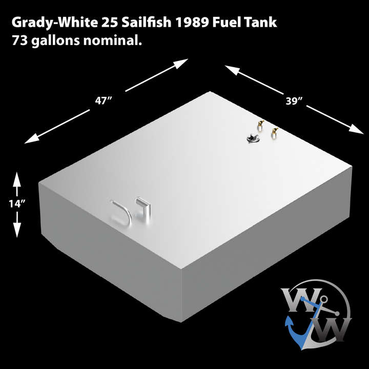 73-gallon aluminum forward fuel tank for the 1989 Grady-White 25 Sailfish, part of a tandem OEM replacement combo kit. Dimensions: 47″ length × 39″ width × 14″ height. Topside hardware includes central sender port and dual threaded fittings positioned for efficient integration with OEM routing. Label-ready surface and robust rectangular form ensure proper cavity fit and fuel system conformity