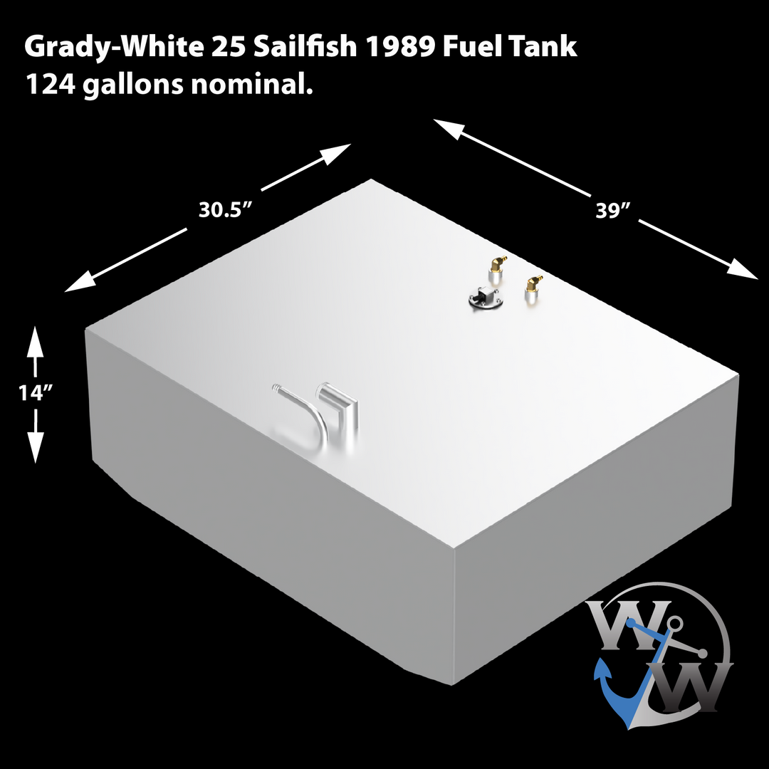 124-gallon aluminum aft fuel tank for the 1989 Grady-White 25 Sailfish, forming part of a tandem OEM replacement combo kit. Dimensions are 39″ (L) × 30.5″ (W) × 14″ (H), optimized for seamless hull cavity integration. Top-mounted hardware includes centrally positioned fuel fittings and sender port, aligned for efficient routing with the existing fuel system. Tank layout and construction support ABYC compliance and system upgrade goals