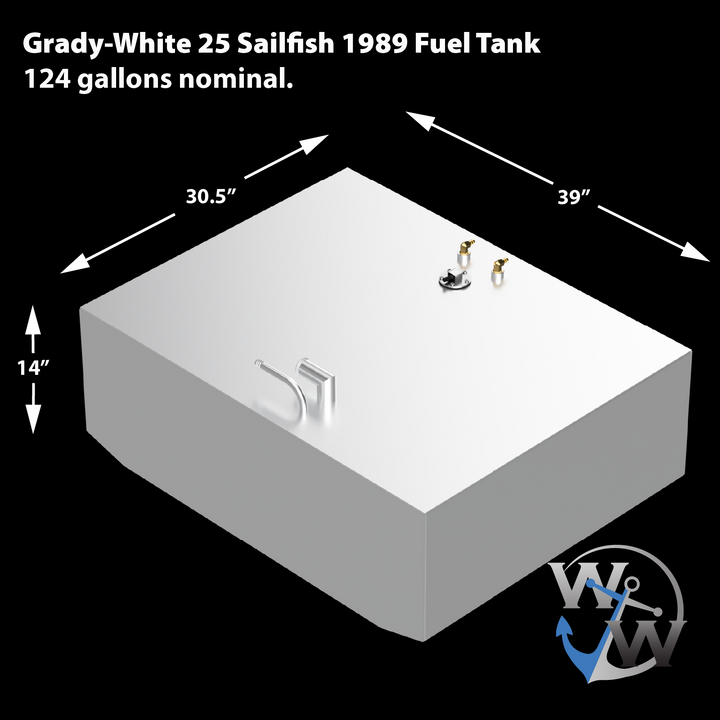 124-gallon aluminum aft fuel tank for the 1989 Grady-White 25 Sailfish, forming part of a tandem OEM replacement combo kit. Dimensions are 39″ (L) × 30.5″ (W) × 14″ (H), optimized for seamless hull cavity integration. Top-mounted hardware includes centrally positioned fuel fittings and sender port, aligned for efficient routing with the existing fuel system. Tank layout and construction support ABYC compliance and system upgrade goals