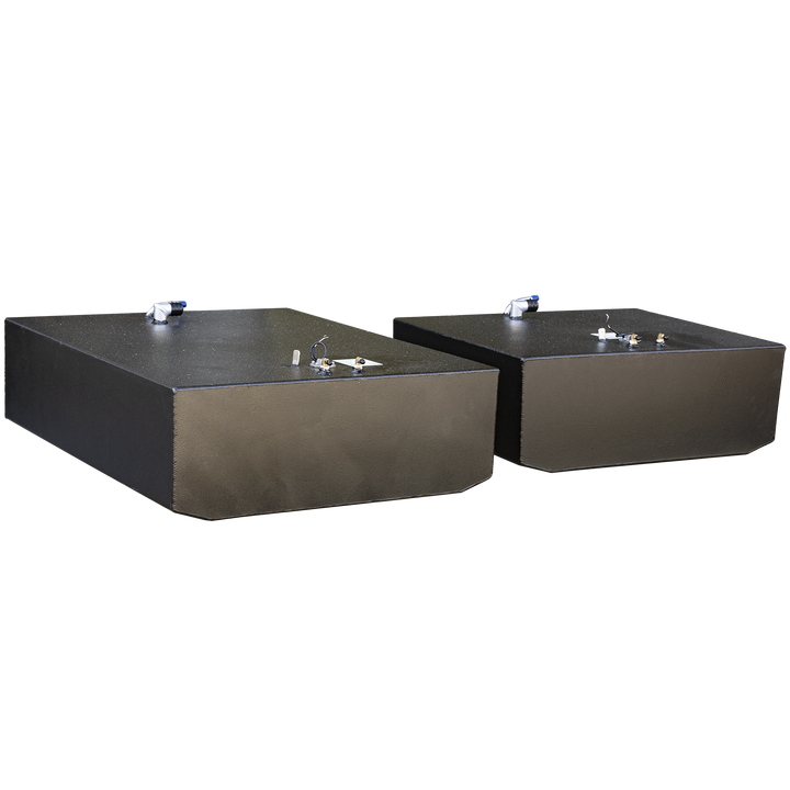 Final build image of the 1989 Grady-White 25 Sailfish OEM Replacement Tandem Fuel Tank Combo Kit, featuring the 73-gallon forward tank (left) and 124-gallon aft tank (right). Both tanks display top-mounted shutoff valves, return/vent fittings, and centrally placed sender ports. Clean, matte black finish and labeled surfaces confirm marine-grade fabrication and regulatory compliance. Image aids in illustrating proportional size difference, fitting orientation, and install-ready layout