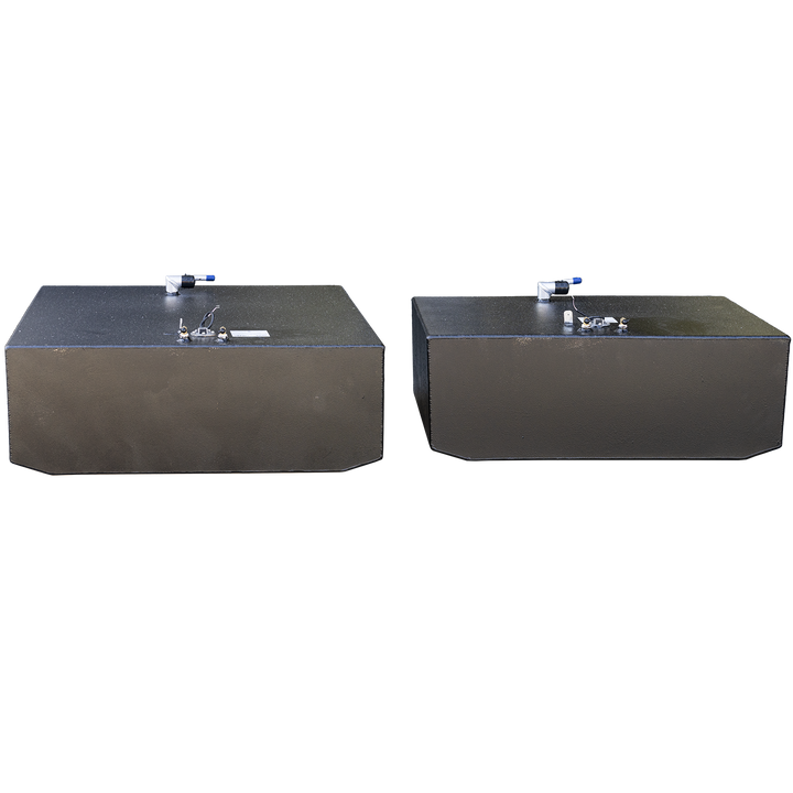 Side-by-side display of the OEM replacement fuel tanks for the 1989 Grady-White 25 Sailfish: 73-gallon forward tank (left) and 124-gallon aft tank (right). Both tanks feature a matte black finish with top-mounted blue-handled shutoff valves and brass return fittings. Affixed labels verify fabrication specs, including .190″ 5052-H32 aluminum construction and regulatory certifications. Clean, parallel layout emphasizes proportional dimensions and top-fitting symmetry for OEM integration