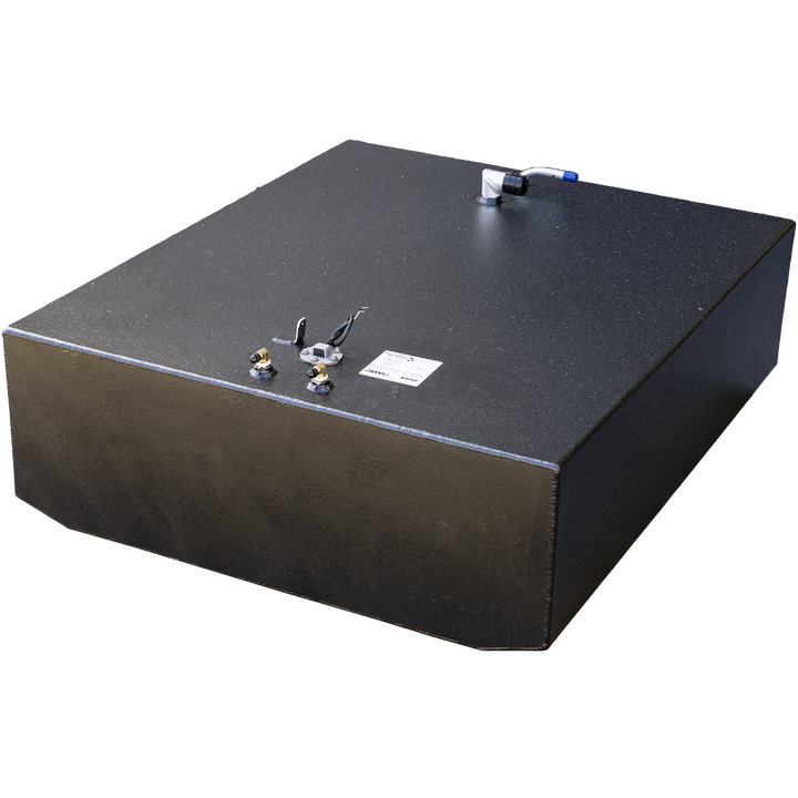 Finalized aft tank (124-gallon) for the 1989 Grady-White 25 Sailfish OEM replacement kit, shown with top-mounted electrical hardware and validation labeling. Features include dual sender units with attached harnesses for level monitoring, and a capped brass port with integrated fuel line connection. The affixed label confirms .190″ 5052-H32 aluminum construction, serial traceability, and marine fuel system certification