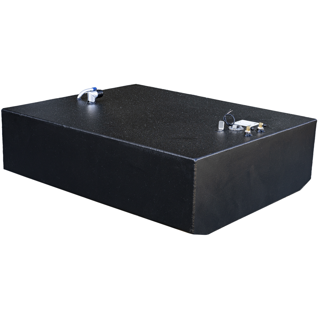 124-gallon aft aluminum fuel tank for 1989 Grady-White 25 Sailfish, part of the OEM replacement tandem kit. Features include a white-and-blue pipe fitting on the front-left top surface, paired with a rear cluster of components: brass return fittings, a sender unit with wire loop, and a mounting plate. Black textured finish provides corrosion resistance and visual contrast for hardware identification. Assembly supports OEM hose routing and electrical integration