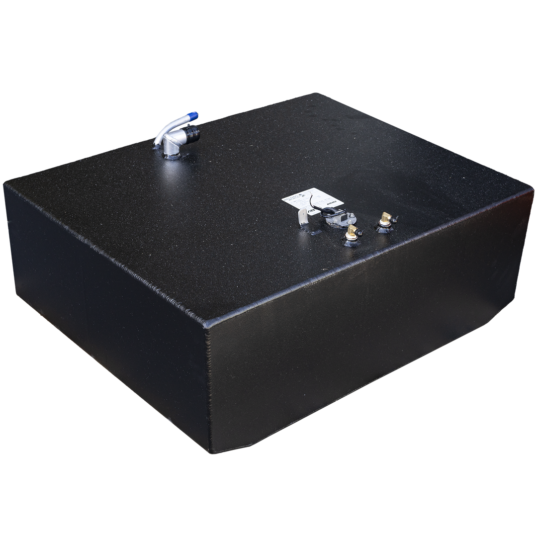 124-gallon aft aluminum fuel tank for 1989 Grady-White 25 Sailfish, featuring matte black finish and integrated top-mounted components. Visible fittings include a capped pipe with blue handle, two rear brass fittings with dark bases, and a centrally positioned compliance label. Hardware layout supports dual-line fuel flow, venting, and sensor integration, while tank geometry confirms OEM cavity alignment and installation readiness