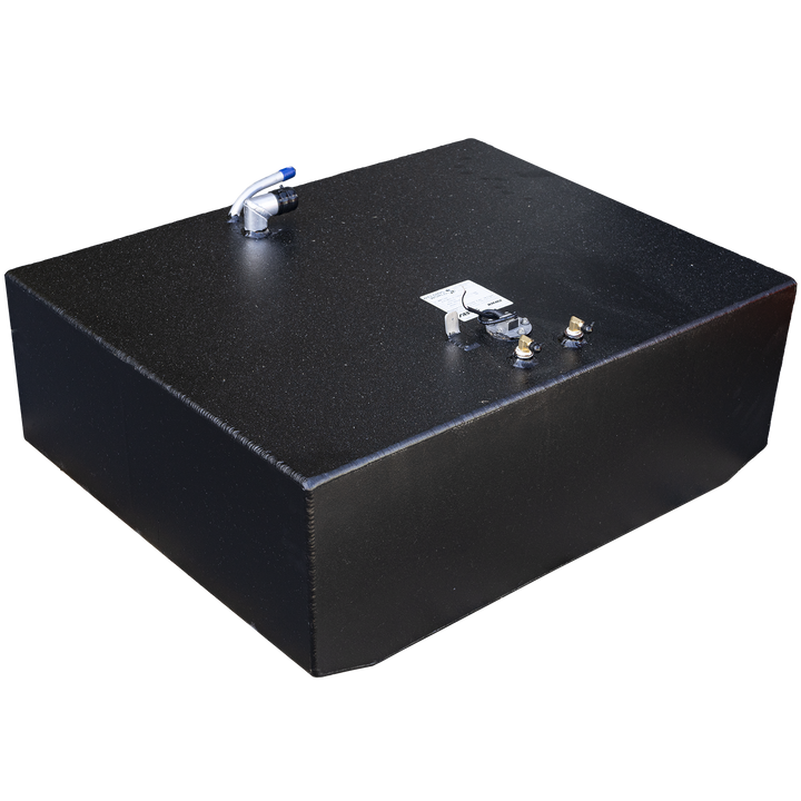 124-gallon aft aluminum fuel tank for 1989 Grady-White 25 Sailfish, featuring matte black finish and integrated top-mounted components. Visible fittings include a capped pipe with blue handle, two rear brass fittings with dark bases, and a centrally positioned compliance label. Hardware layout supports dual-line fuel flow, venting, and sensor integration, while tank geometry confirms OEM cavity alignment and installation readiness