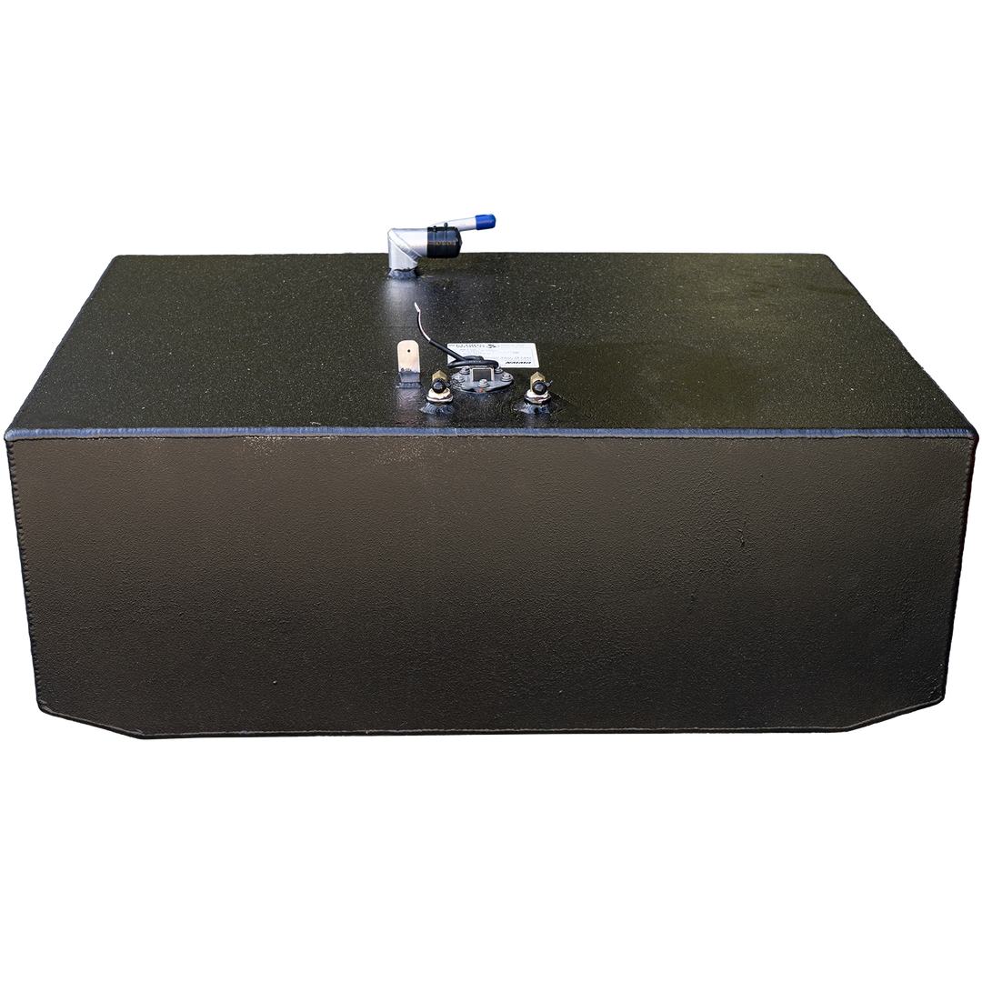 124-gallon aft fuel tank for 1989 Grady-White 25 Sailfish, featuring textured black finish and installed top-mounted components. Visible hardware includes a capped white-and-blue shutoff valve, twin brass fittings with pre-attached electrical leads, and a central compliance label. Layout supports dual-line fuel handling and integrated sensor monitoring for real-time system feedback. Arrangement confirms installation readiness and OEM alignment with vessel architecture