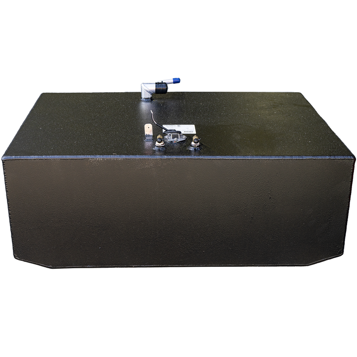 124-gallon aft fuel tank for 1989 Grady-White 25 Sailfish, featuring textured black finish and installed top-mounted components. Visible hardware includes a capped white-and-blue shutoff valve, twin brass fittings with pre-attached electrical leads, and a central compliance label. Layout supports dual-line fuel handling and integrated sensor monitoring for real-time system feedback. Arrangement confirms installation readiness and OEM alignment with vessel architecture