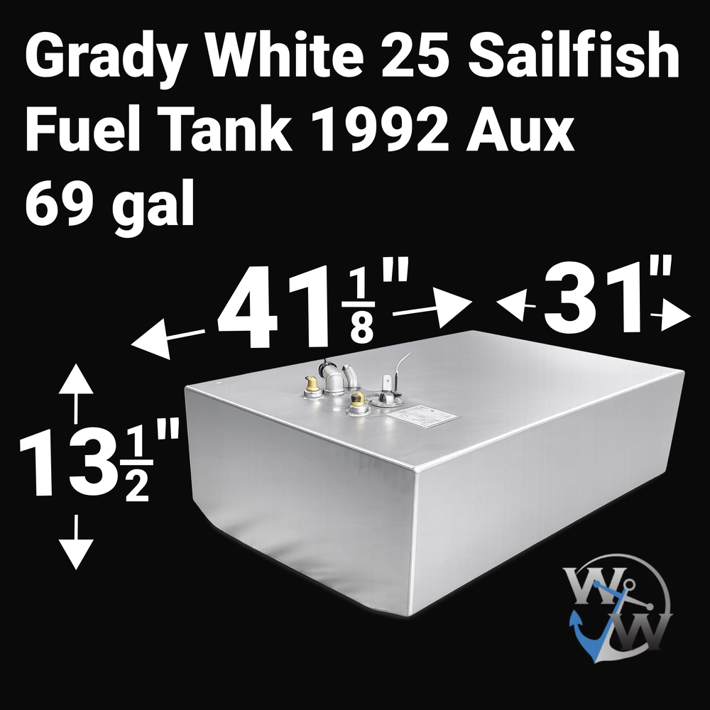 Dimensional technical diagram for a raw aluminum Grady White 25 Sailfish 1992 auxiliary replacement fuel tank with a 69-gallon capacity. The graphic displays precise measurements of 41 1/8" length, 31" width, and 13 1/2" height, showing the compact rectangular profile with top-mounted brass fuel pickups, fuel level sending unit, and mechanical connections. Fabricated from heavy-duty marine-grade 5052-H32 aluminum, this unsealed OEM replacement variant is engineered by Welding World for a guaranteed 100% dro