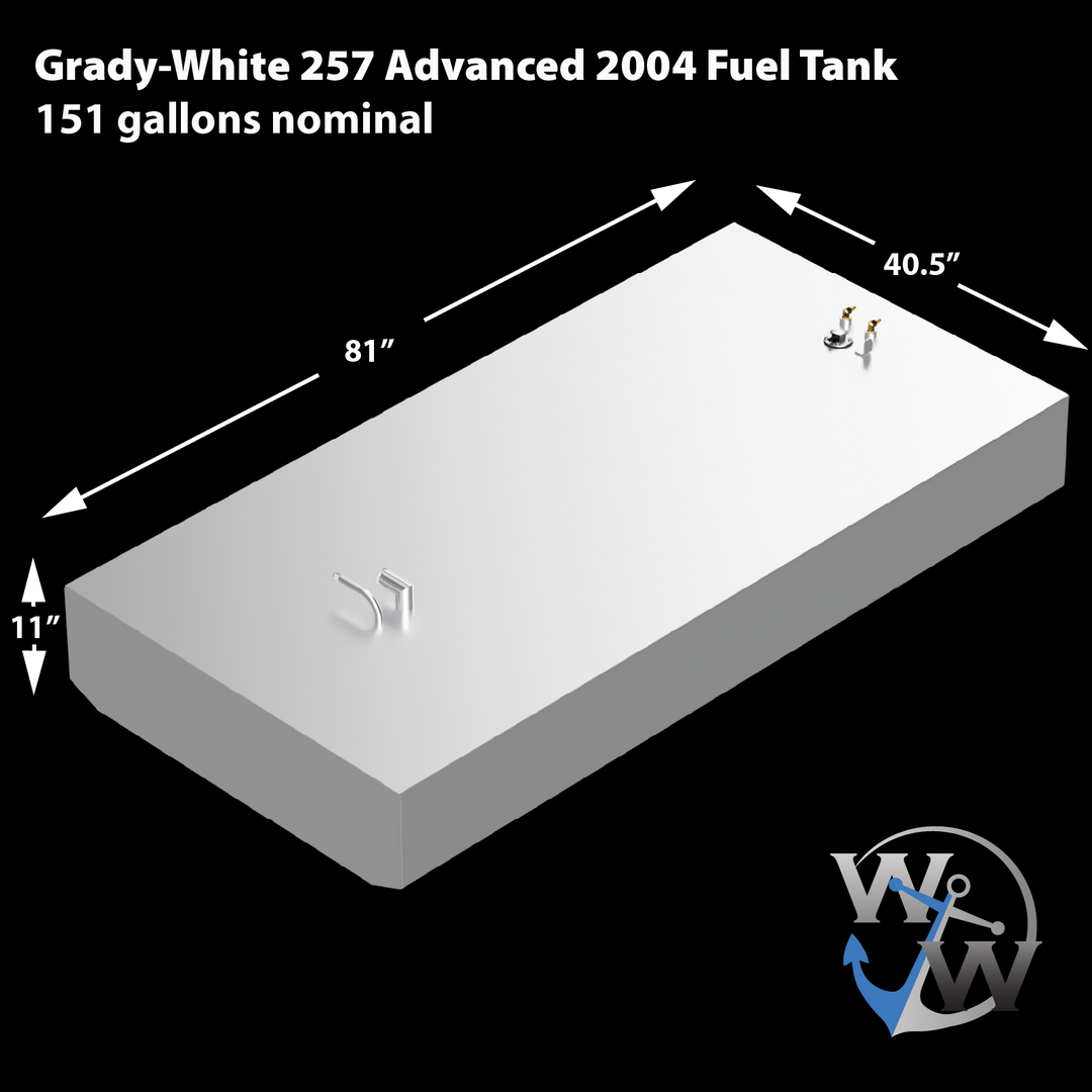 Grady-White 257 Advanced 2004 Fuel Tank, 151 gallons nominal. The image displays a light grey, rectangular fuel tank with one rounded corner. Dimensions are provided as 81 inches long, 40.5 inches wide, and 11 inches high. The top surface features various golden-colored fittings and a silver curved pipe. A "W W" logo with an anchor is visible in the bottom right corner
