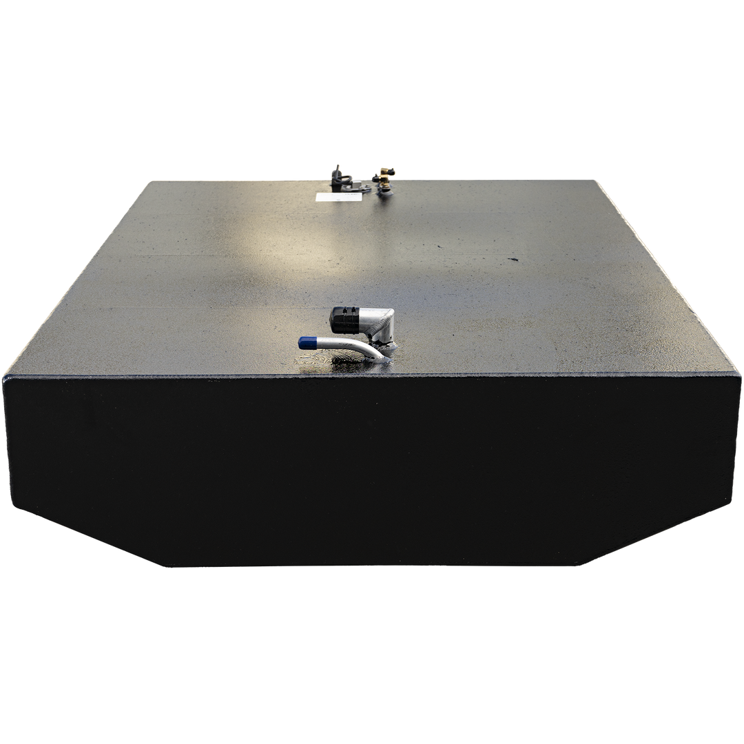 Black aluminum fuel tank designed for the 2001 Grady-White 265 Express OEM replacement kit. The topside features a capped blue-handled shutoff valve at the front left, a sensor unit with wiring harness near the center, and dual brass return fittings at the rear. A white compliance label provides certification for .190″ 5052-H32 construction and a 9 psi pressure rating per CFR regulations. Component placement supports straightforward fuel line and electrical integration in alignment with OEM standards